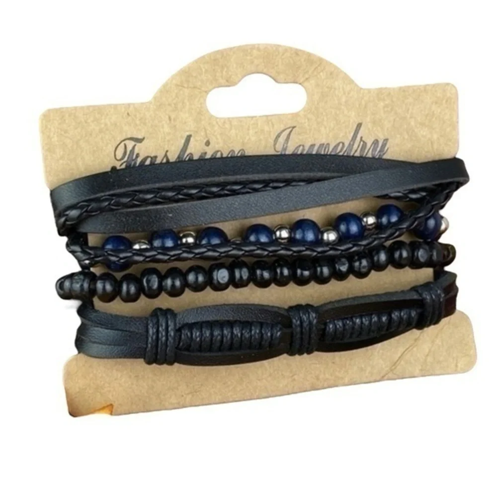Mens Bracelets Bundle 4 Piece Adjustable Size Leather and Bead Bracelets